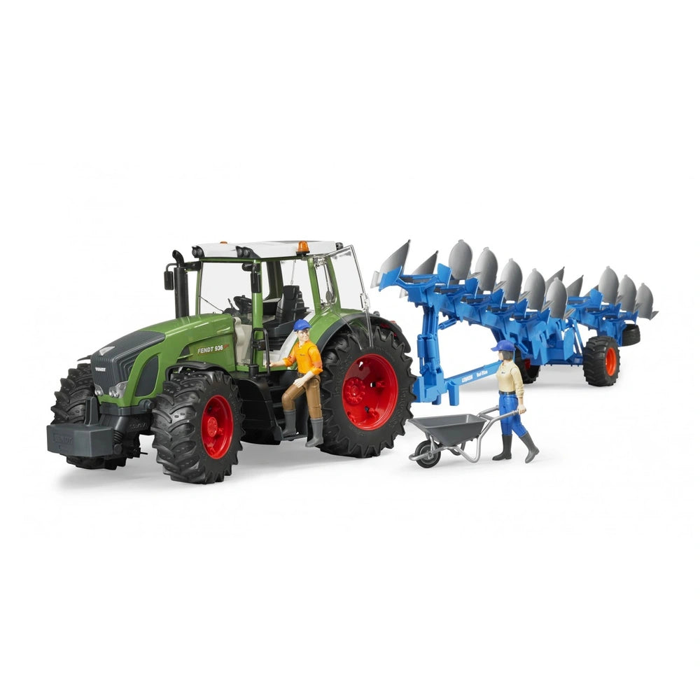 Bruder Fendt 936 Vario tractor with plow, featuring two farmer figures, detailed cabin, and detachable loader.
