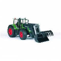 Green tractor with a black front loader and red wheels, part of Bruder's Premium-Pro series.