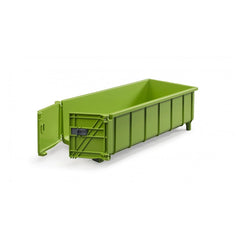 Green toy hook lift trailer with open double doors, designed for realistic farming play.