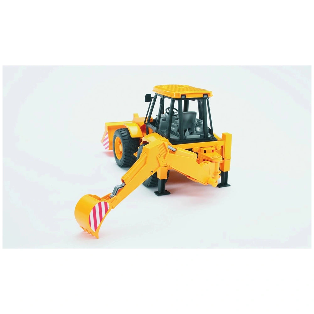 Orange Bruder JCB 4CX backhoe loader toy with detailed cabin, front loader, and stabilizer legs on a white background.