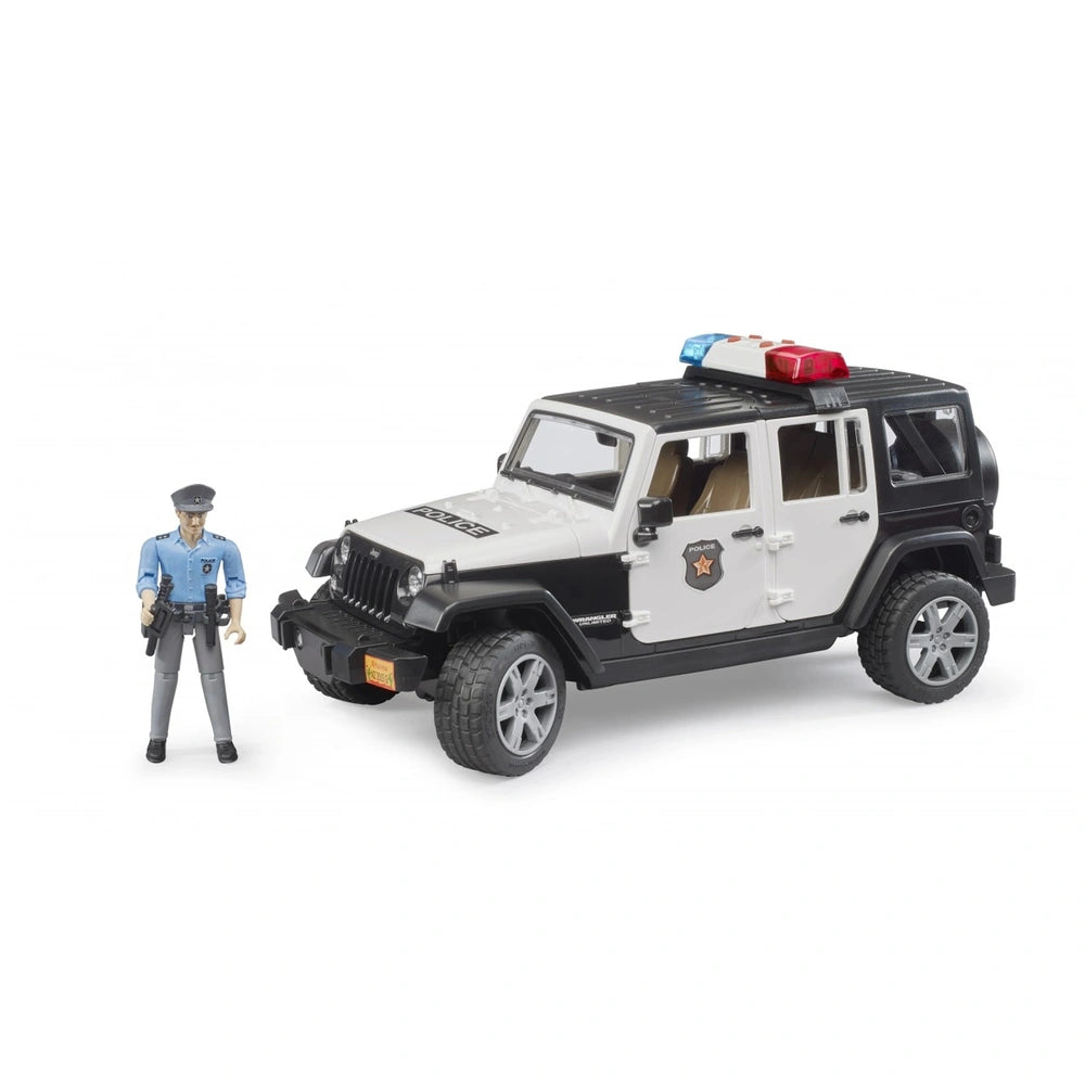 Bruder Jeep Wrangler Unlimited Rubicon police vehicle with a policeman figure standing beside.