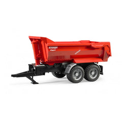 Red Bruder Krampe Tandem Halfpipe Tipping Trailer with black chassis and dual wheels, showcasing realistic detail.