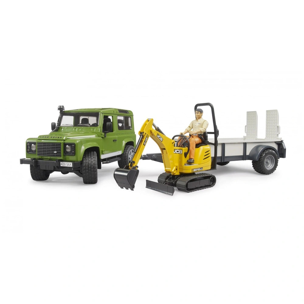 Green Land Rover Defender with trailer and yellow JCB excavator featuring a construction worker figure.