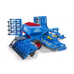Bruder Lemken Solitair 9 toy, vibrant blue and red, realistic sowing vehicle for children, detailed 1:16 scale model.