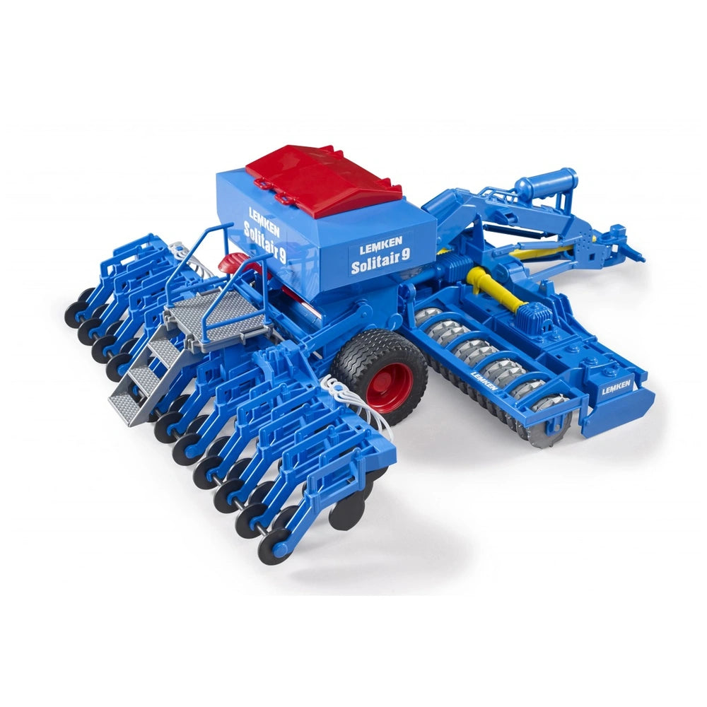 Blue Bruder Lemken Solitair 9 sowing toy with red roof, detailed farming vehicle, 1:16 scale, realistic wheels and components.