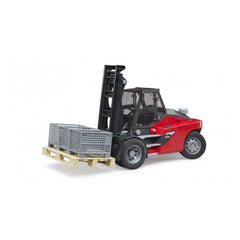 Red Bruder Linde HT160D stacker toy lifting pallet with three gray cages, featuring detailed cab and double-lift mast.