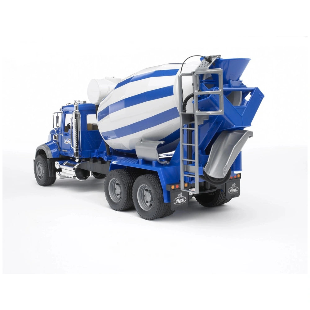 Blue and white Bruder Mack Granite Cement Mixer toy truck with lifelike details and chrome accents.