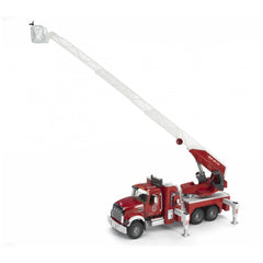 Red Bruder MACK Granite fire engine toy with long extendable ladder and detailed features.