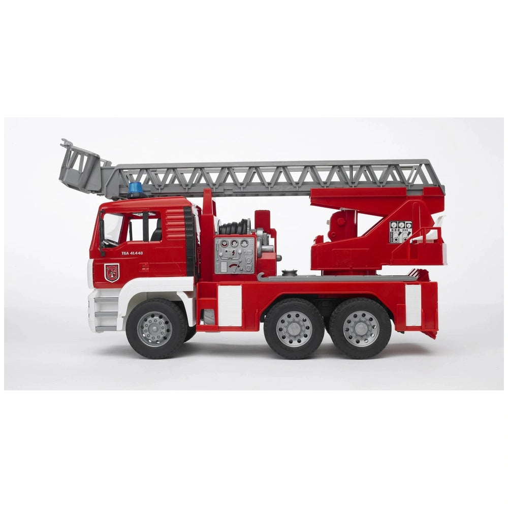Red toy fire engine with extendable ladder and detailed controls on the side, designed for imaginative play.