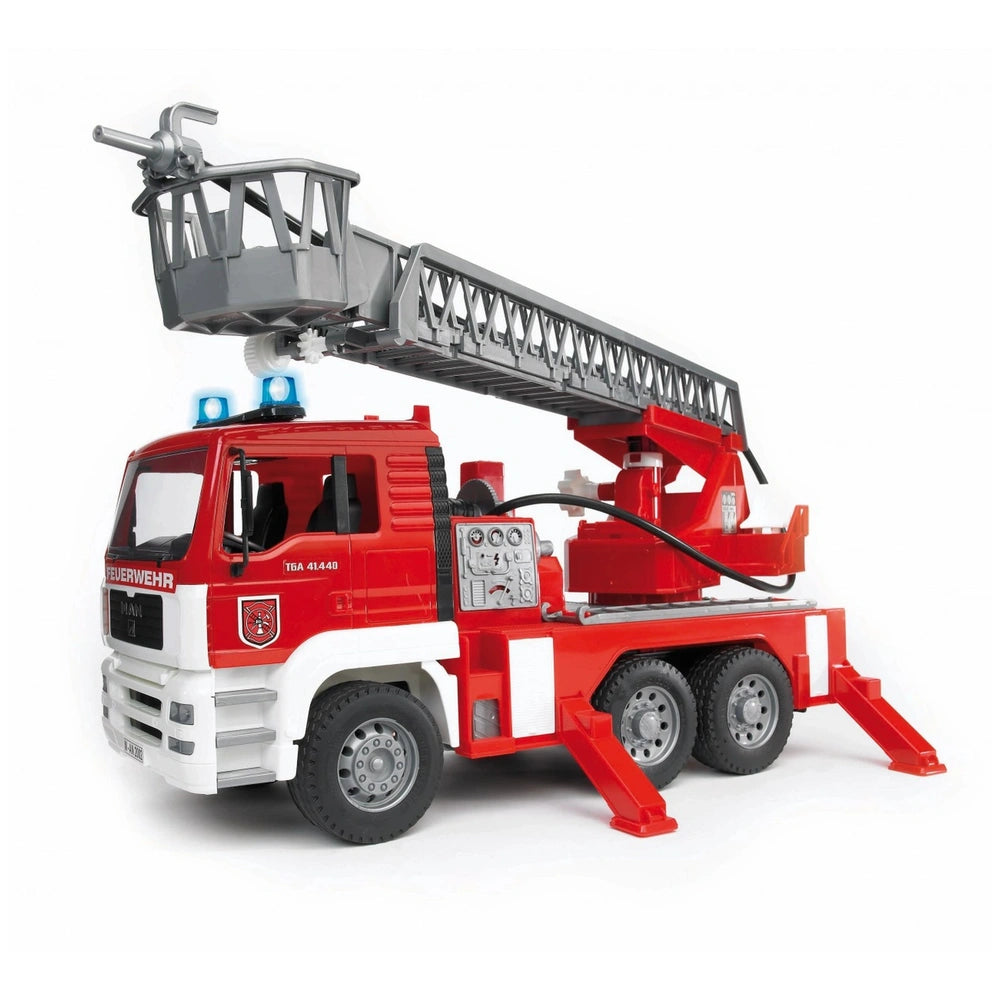 Red and white toy fire engine with extendable gray ladder and blue lights on cab.