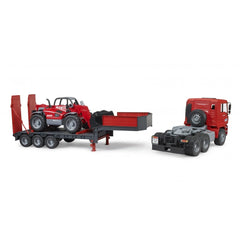Red Bruder MAN TGA truck with low loader trailer carrying a Manitou telehandler, featuring realistic design and play functionality.