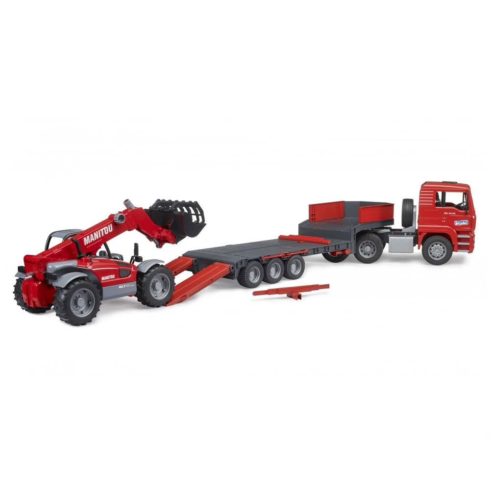 Red Bruder MAN TGA truck with low loader trailer and Manitou telehandler, featuring movable ramps on a white background.