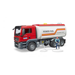Bruder MAN TGS Tank Truck toy with red cab and white tank, includes worker figure holding hose.