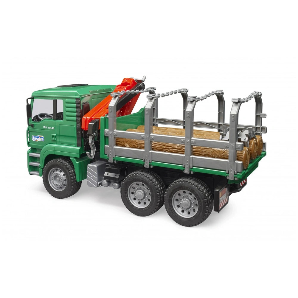 Bruder green timber truck with orange crane, loaded with logs, showcasing realistic design and details.