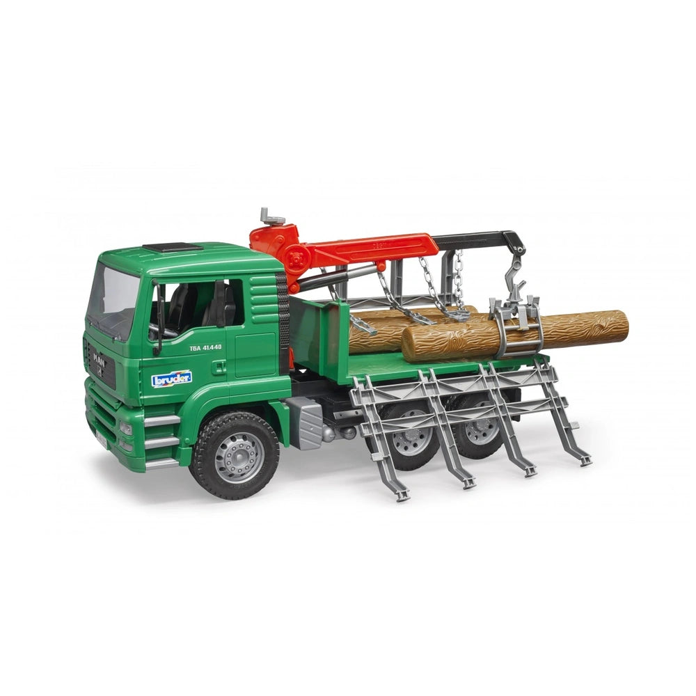 Green Bruder MAN Timber Truck with red loading crane, carrying wooden logs secured with chains.