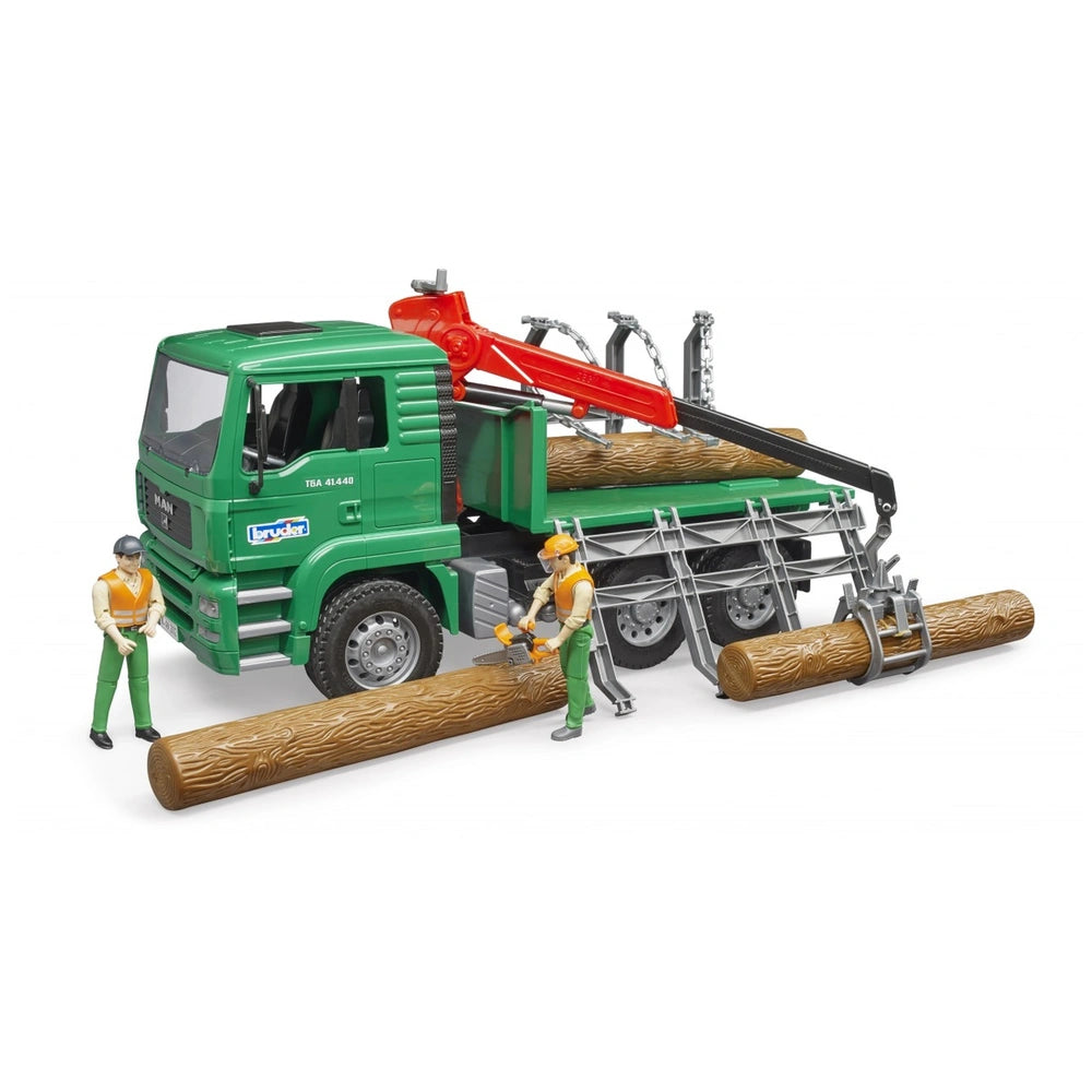 Green timber truck with red crane, two worker figures, securing logs with chains. Bruder MAN TGA toy in action-packed setup.