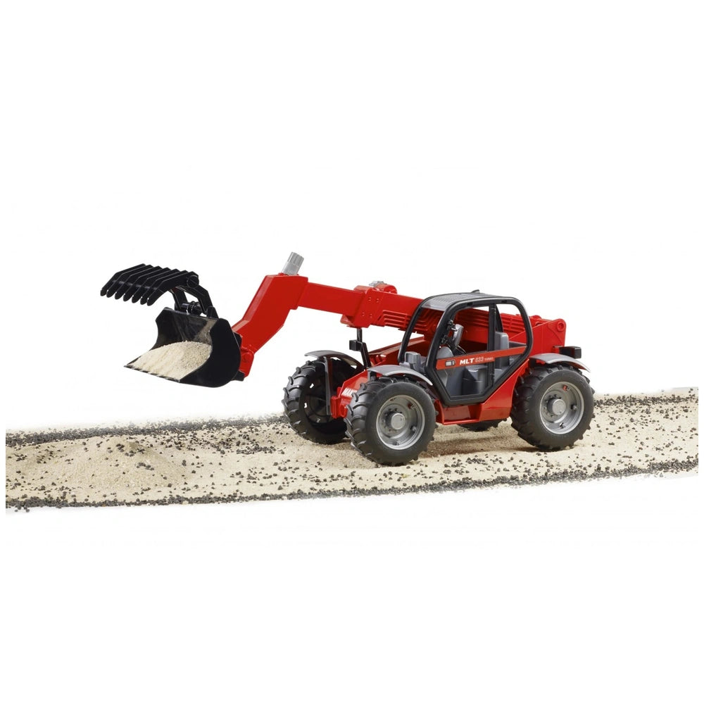 Red Bruder Manitou Telescopic Loader MLT 633 toy on sand, with extended arm and black claw bucket, capturing details.