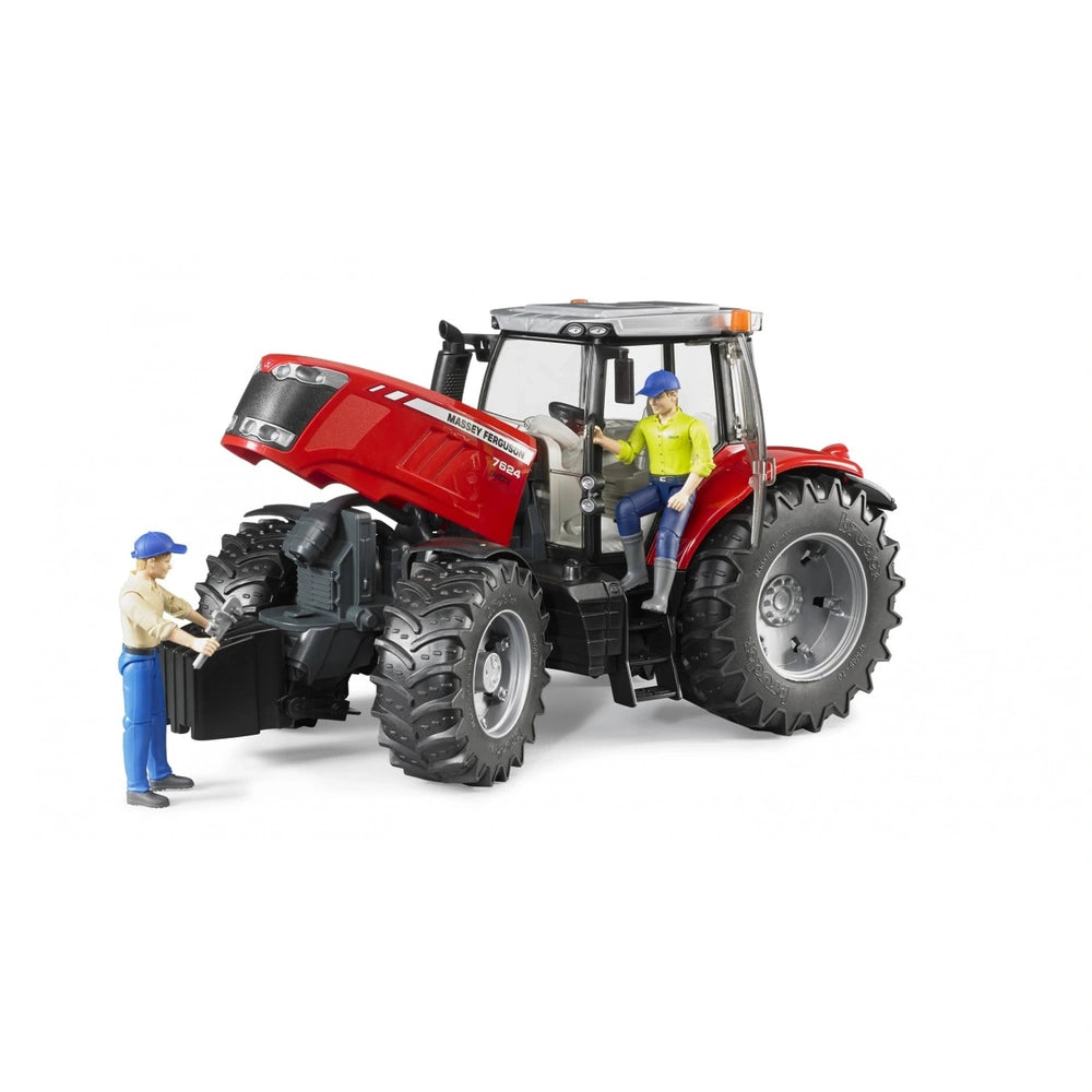 Red Massey Ferguson 7624 toy tractor with rubber tires, featuring 2 figures; one driving, another adjusting the front attachment.