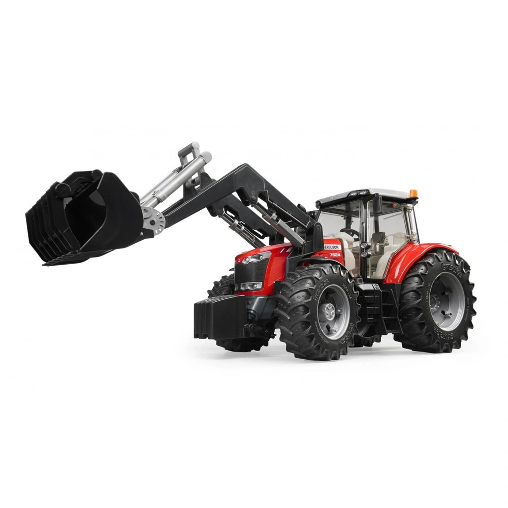 Red toy tractor with large black tires and a functional front loader, showcasing realistic agricultural equipment.