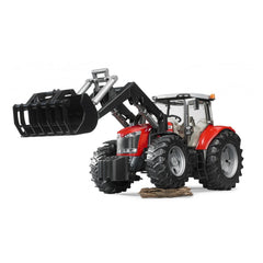 Red Massey Ferguson 7624 toy tractor with frontloader and large rubber tires on a white background.
