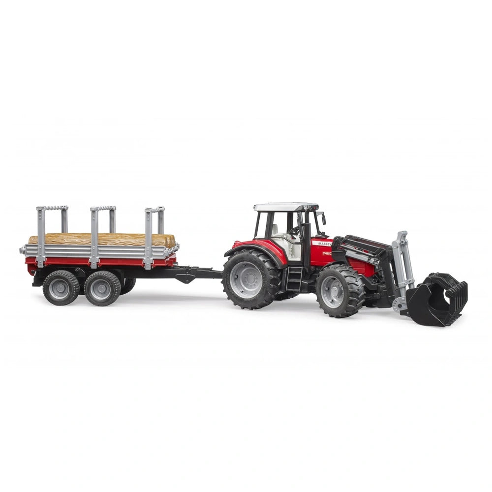 Red Massey Ferguson tractor with front loader, towing a timber trailer filled with logs, on a white background.