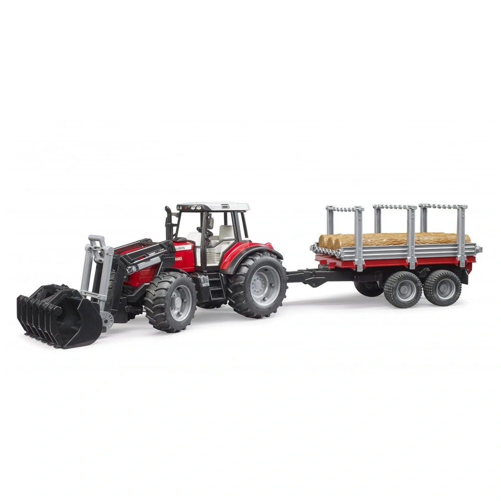 Red Massey Ferguson tractor with front loader and timber trailer, featuring realistic design and details.