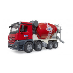 Red Bruder MB Arocs cement mixer toy truck with detailed grille and rotating drum, designed for realistic play.
