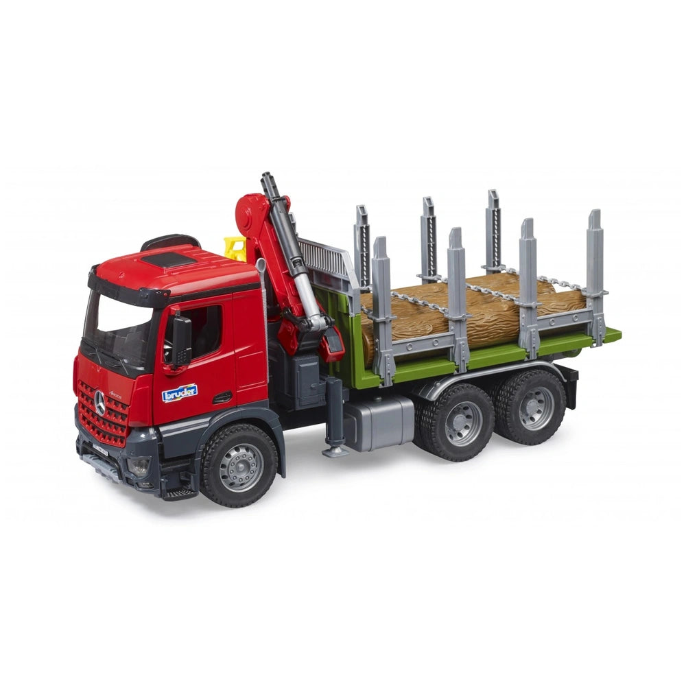Red Bruder MB Arocs timber truck toy with loading crane and three logs on the back, detailed cabin and wheels.