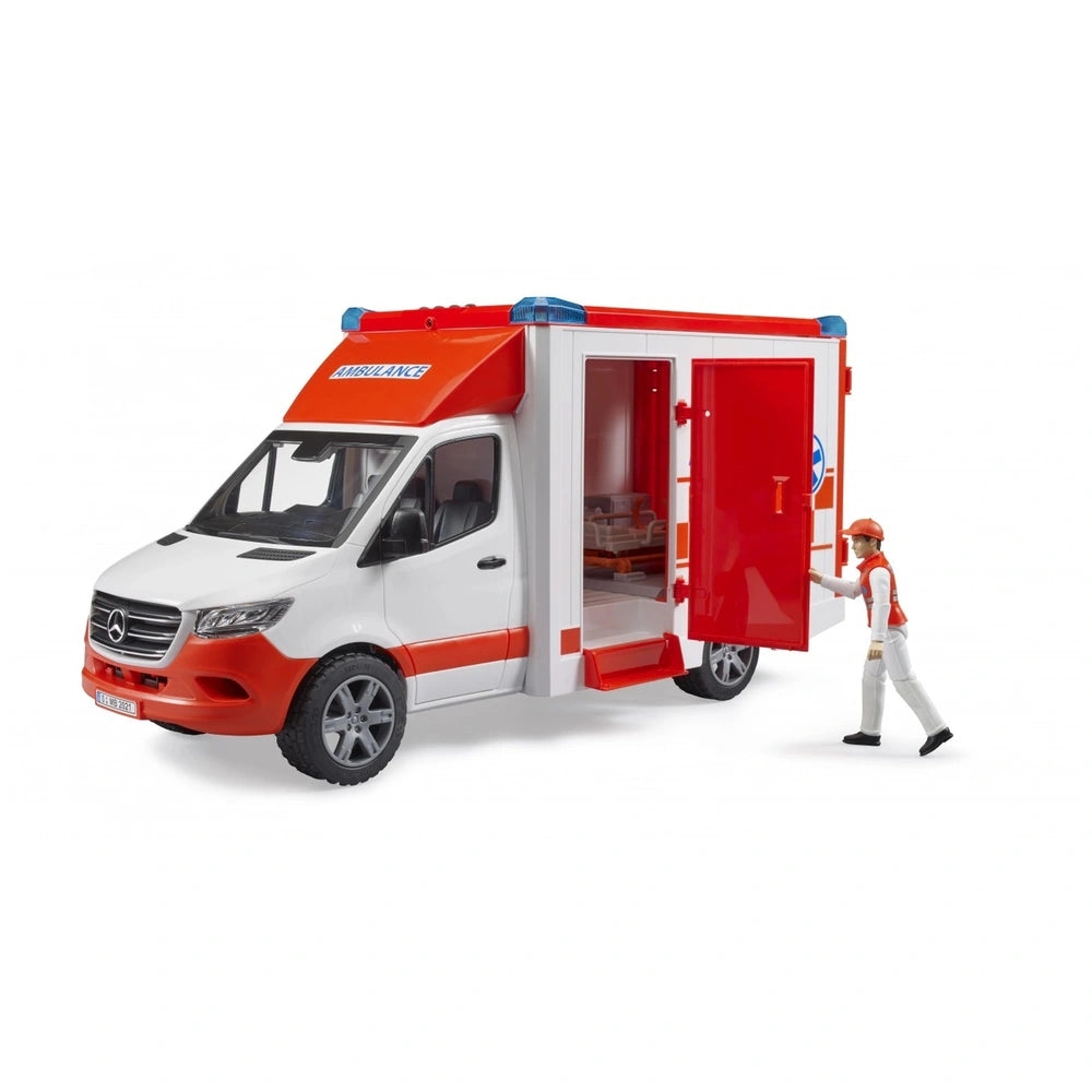 Red and white toy ambulance with lifeguard figure opening the rear door, featuring detailed design for imaginative play.