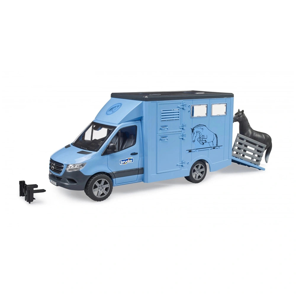 Blue Bruder MB Sprinter Animal Transporter toy with a horse figure on the ramp, showcasing realistic details and Mercedes branding.