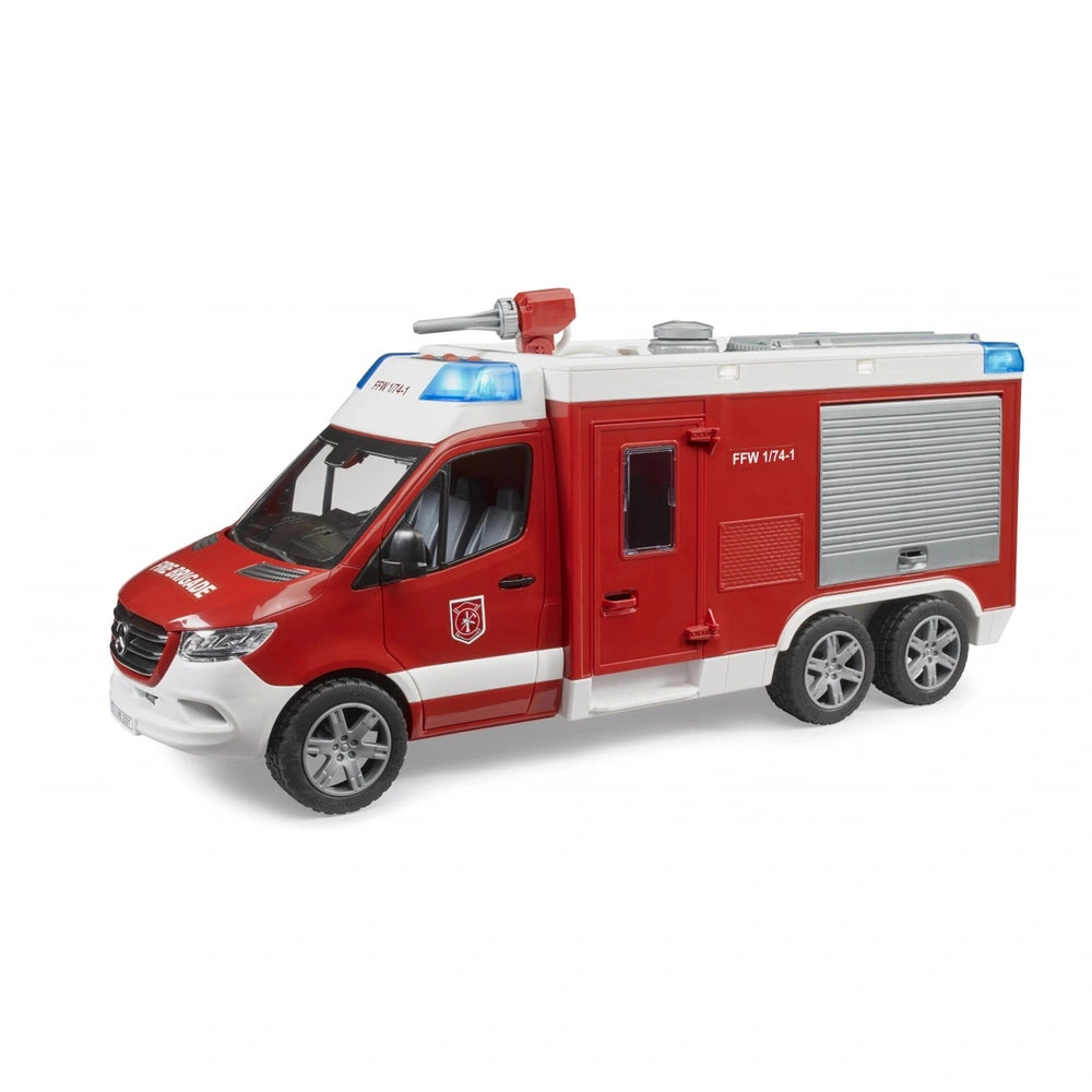 Red and white toy fire rescue vehicle with blue lights on top, resembling a Mercedes Benz Sprinter, featuring detailed elements.