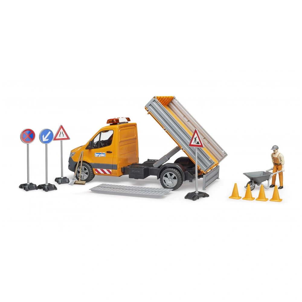 Orange Bruder MB Sprinter municipal vehicle with tilting platform, cones, road signs, and worker figure with wheelbarrow.