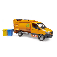 Orange Bruder MB Sprinter waste disposal toy truck with yellow and blue bins, featuring recycling logo.