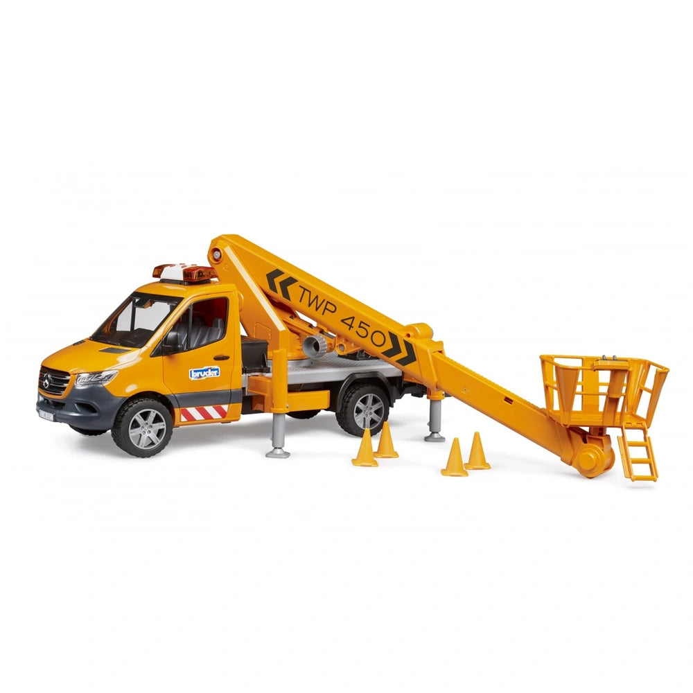 Orange Bruder MB Sprinter toy with work platform, marked "TWP 450". Features cones, light, and Mercedes-Benz logo.