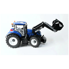 Blue Bruder New Holland T7 315 toy tractor with slip-on front loader, detailed wheels, and realistic design.