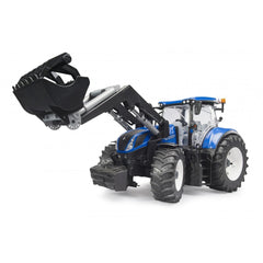 Blue and black toy tractor with slip-on front loader, modeled after New Holland T7.315, 1:16 scale.