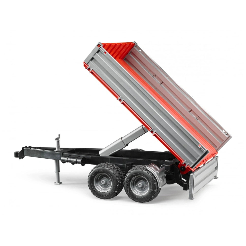 BRUDER Platform Gate Trailer toy with red and gray raised cargo bed, rubber tires, and detailed suspension system.