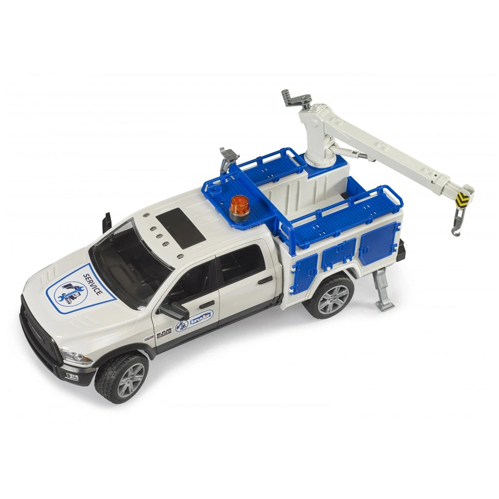 Bruder RAM 2500 service truck toy with rotating beacon and extendable crane, white with blue detailing.