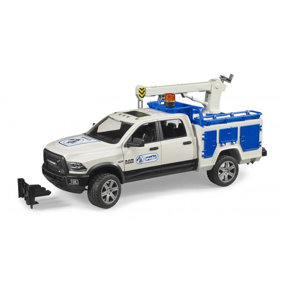 White and blue Bruder RAM 2500 Service Truck with crane and orange beacon light.