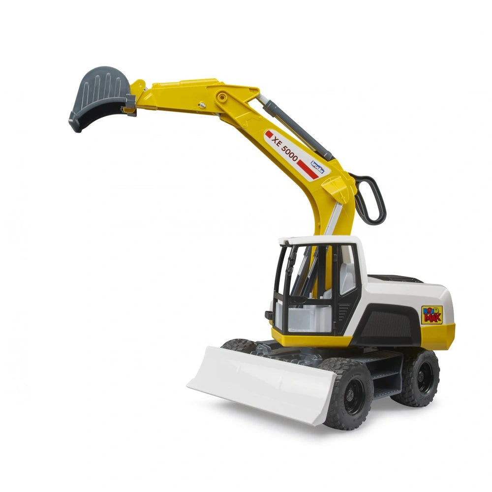 Yellow and white Bruder Roadmax Excavator toy with a raised arm and gray bucket, on four black wheels.