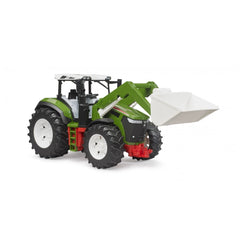 Green and black toy tractor with frontloader, white cab, and large tread tires, designed for children two and up.