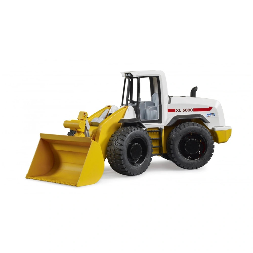 Bruder ROADMAX Wheel Loader toy with large yellow bucket and black tread tires.