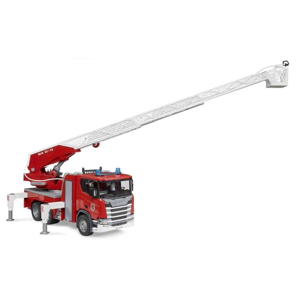 Red Bruder Scania Super 560R fire engine toy with extended white ladder and stabilizers.