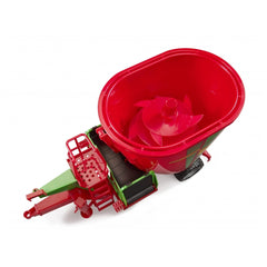 Red and green Bruder Strautmann Verti-Mix 1050 toy fodder mixer with rotating blades and functional details.