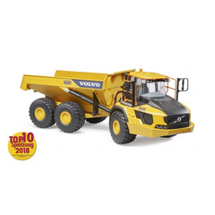 Yellow Bruder Volvo Hauler A60H toy with six large black tires, articulated steering, and a 2018 Top 10 Toy award badge.