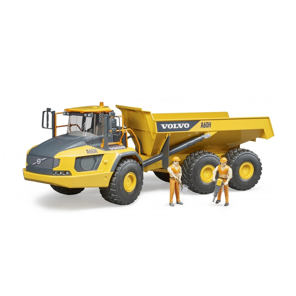 Yellow and gray Volvo A60H toy dumper truck with two construction worker figures in orange attire.