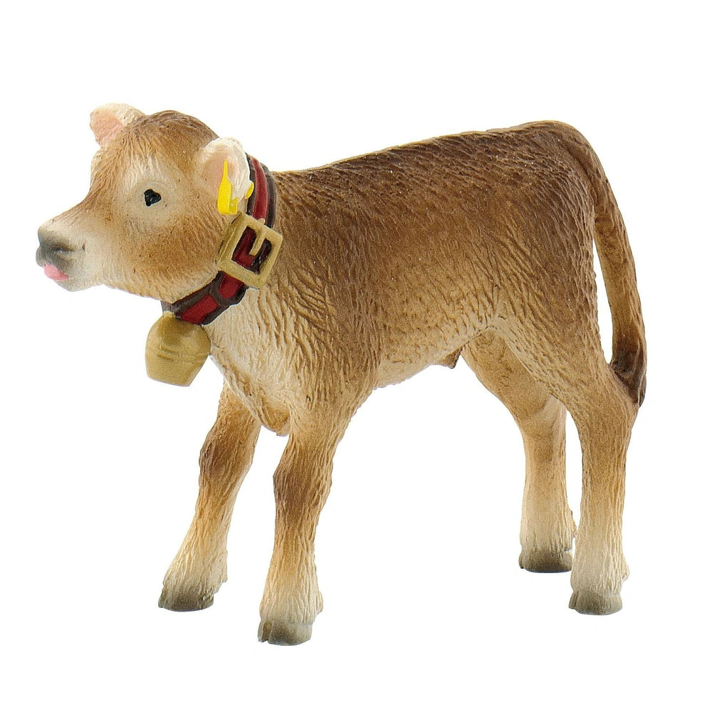 Bullyland Benny Alpine Calf toy figure, 5 cm, brown plastic with textured cowhide finish, red collar, gold bell.