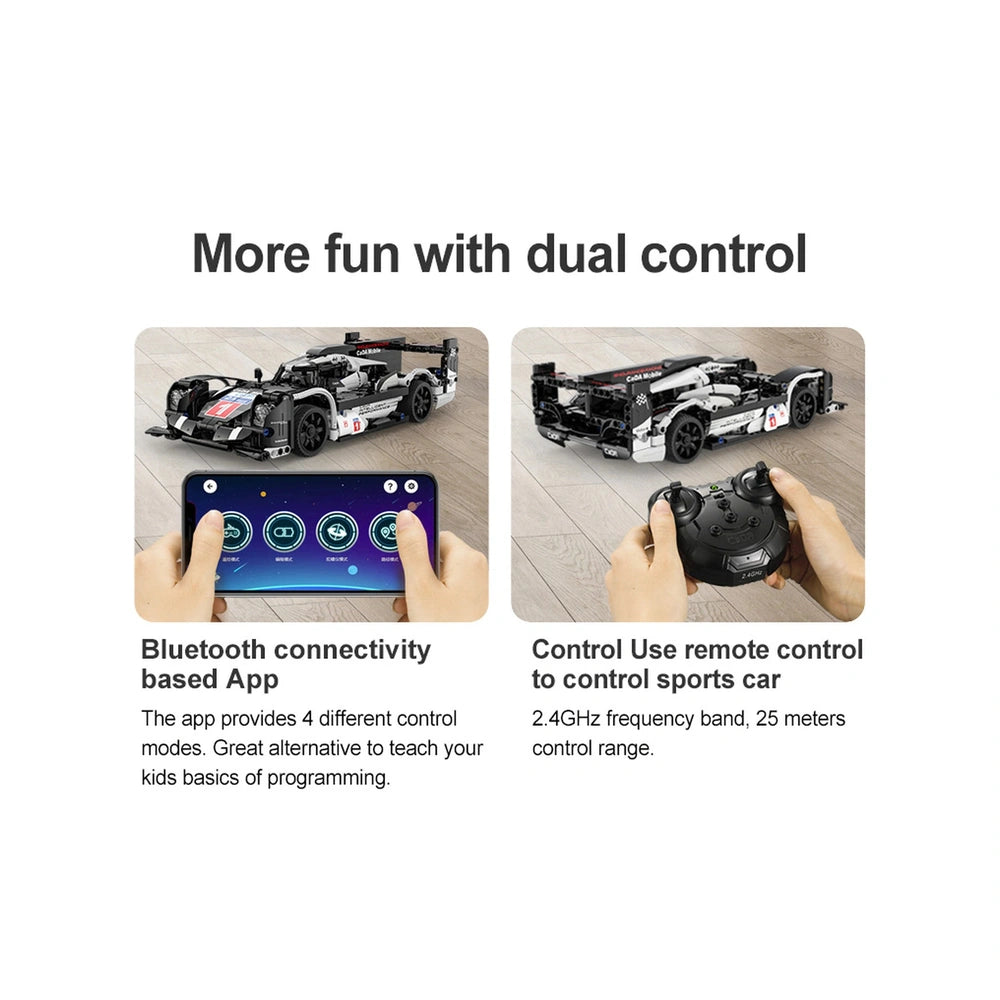 CaDA GT Sport Car construction set features a black and white car, remote control, and smartphone with Bluetooth interface.