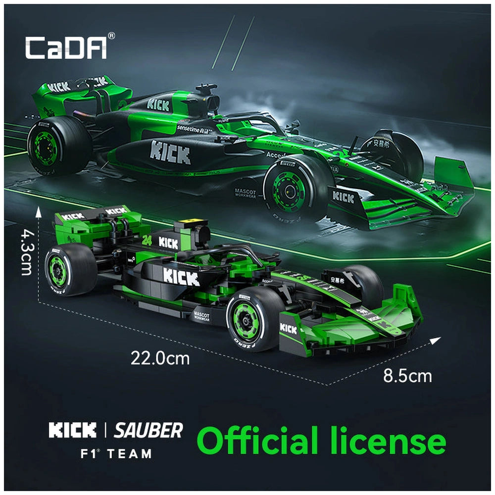 CaDA KICK SAUBER F1 C44 construction set features a glossy green Formula 1 car with black accents and detailed components.