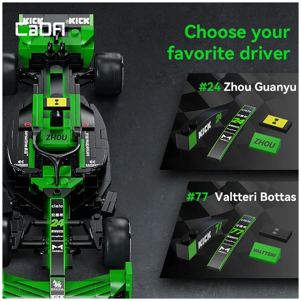 CaDA KICK SAUBER F1 Team C44 construction set features a green matte car body with glossy black wheels and multiple logos.